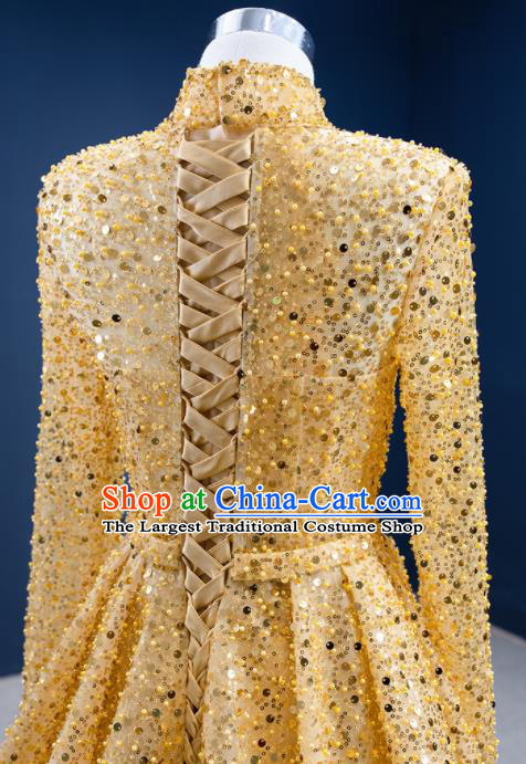 Custom Vintage Luxury Embroidery Sequins Wedding Dress Ceremony Formal Garment Bride Golden Trailing Full Dress Stage Show Costume Compere Clothing