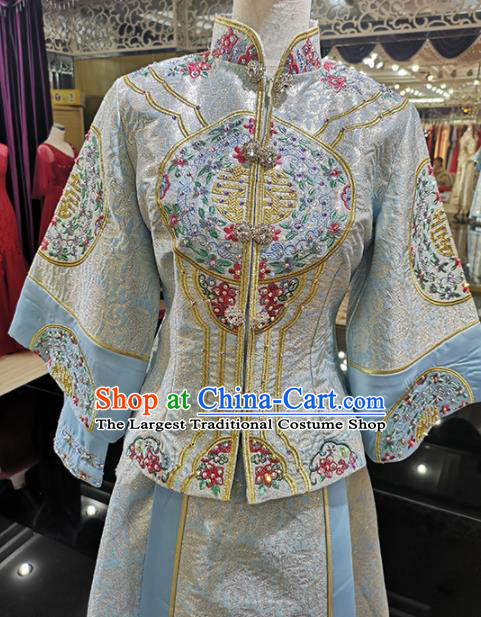 China Traditional Embroidery Xiuhe Suits Ancient Bride Attire Clothing Wedding Garment Costumes Light Blue Dress Outfits