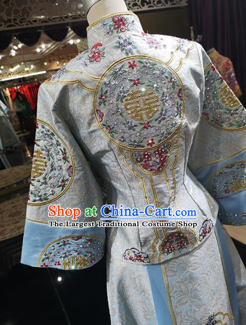 China Traditional Embroidery Xiuhe Suits Ancient Bride Attire Clothing Wedding Garment Costumes Light Blue Dress Outfits