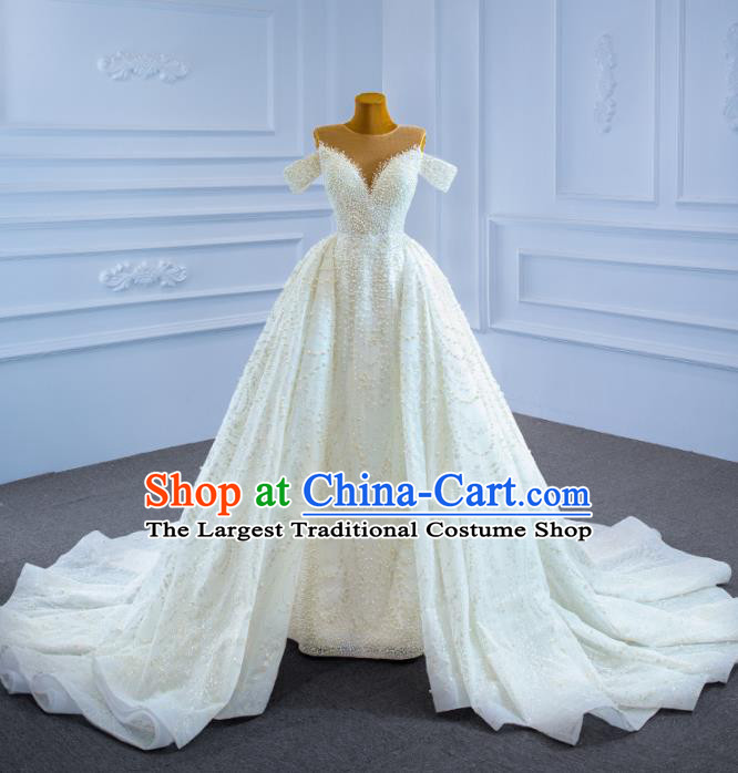 Custom Catwalks Costume Compere Vintage Clothing Luxury Embroidery Pearls Wedding Dress Ceremony Formal Garment Marriage Bride Trailing Full Dress