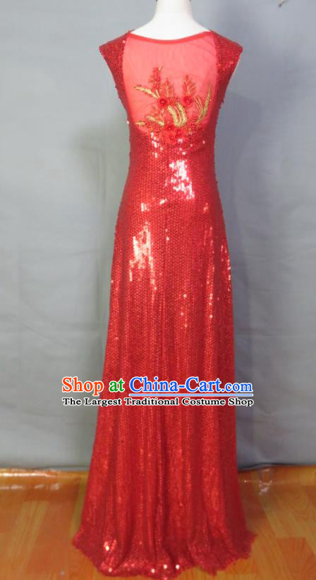 Top Compere Formal Attire Women Chorus Performance Garment Costume Annual Meeting Catwalks Clothing Bridesmaid Red Sequins Full Dress