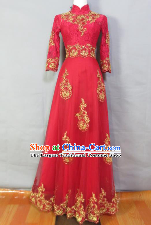 China Classical Red Cheongsam Traditional Qipao Dress Bride Toasting Clothing Wedding Garment Costumes