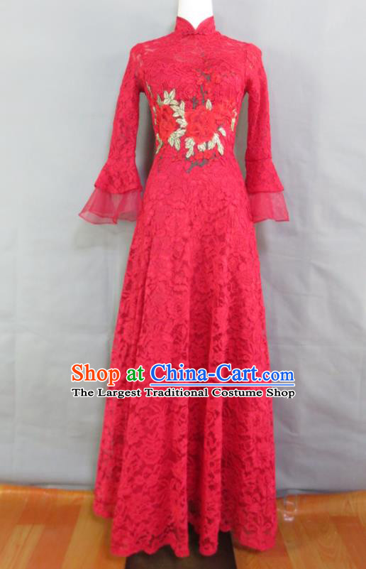 China Bride Toasting Clothing Wedding Garment Costumes Classical Red Lace Long Cheongsam Traditional Embroidery Peony Qipao Dress