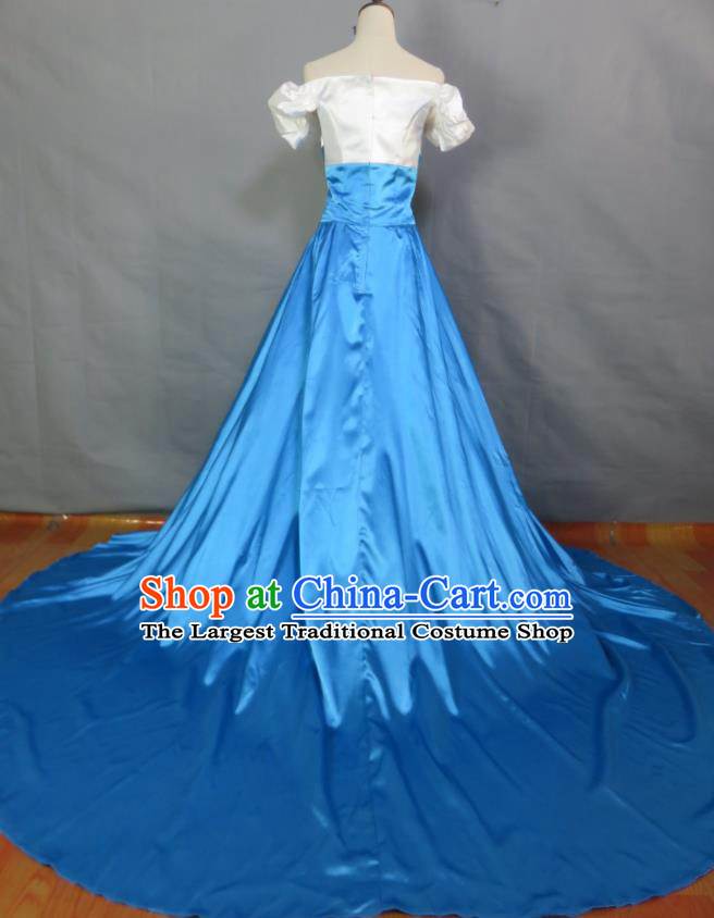 Top Bridesmaid Blue Satin Full Dress Compere Formal Attire Women Chorus Performance Garment Costume Annual Meeting Catwalks Clothing