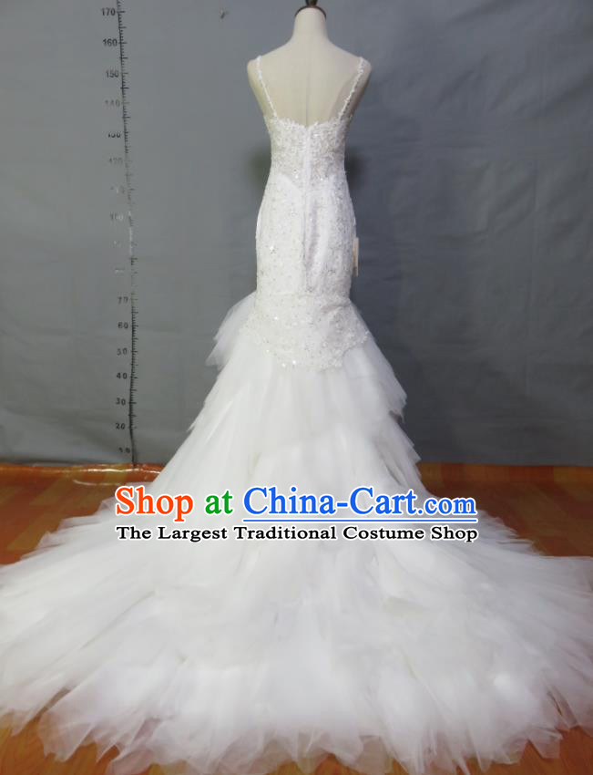 Custom Photography Clothing Modern Dance Fashion Costume Bride White Veil Fishtail Full Dress Embroidery Sequins Wedding Dress