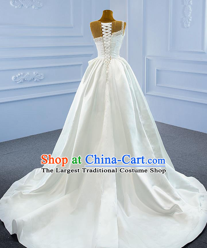Custom Luxury Embroidery Pearls Wedding Dress Ceremony Garment Marriage Bride White Satin Trailing Full Dress Catwalks Formal Costume Compere Vintage Clothing