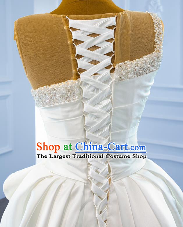 Custom Luxury Embroidery Pearls Wedding Dress Ceremony Garment Marriage Bride White Satin Trailing Full Dress Catwalks Formal Costume Compere Vintage Clothing