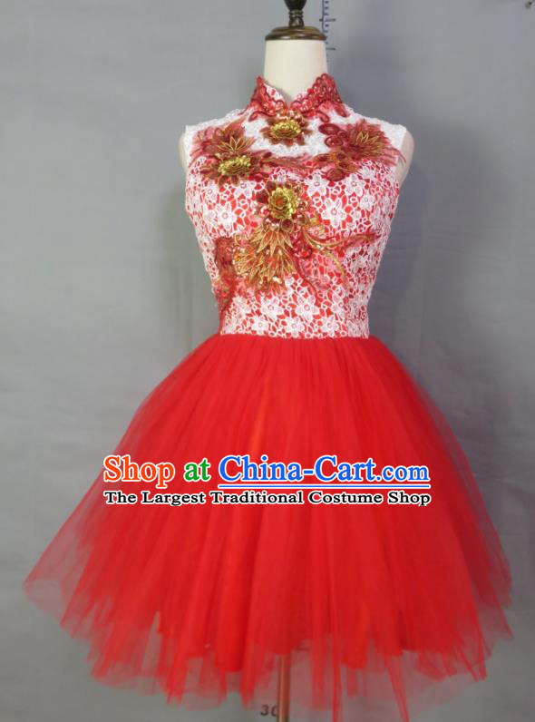 Custom Modern Dance Fashion Costume Bride Red Veil Full Dress Embroidery Lace Wedding Dress Photography Clothing