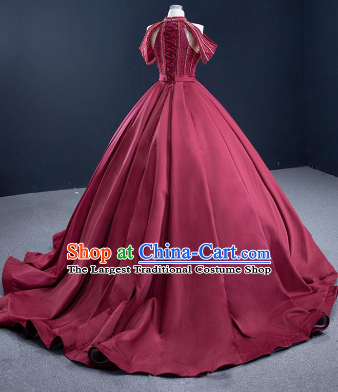 Custom Catwalks Formal Costume Compere Vintage Clothing Luxury Wedding Dress Ceremony Garment Marriage Bride Wine Red Trailing Full Dress