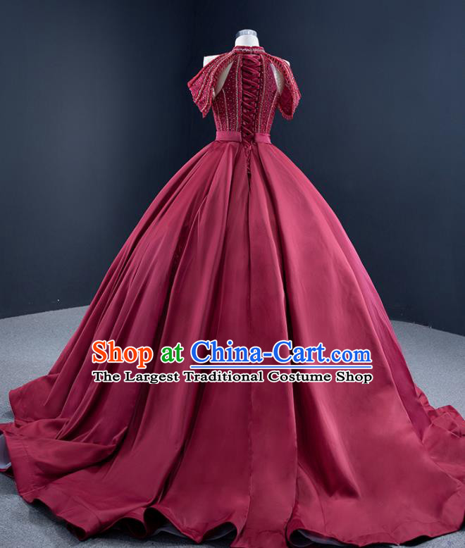 Custom Catwalks Formal Costume Compere Vintage Clothing Luxury Wedding Dress Ceremony Garment Marriage Bride Wine Red Trailing Full Dress