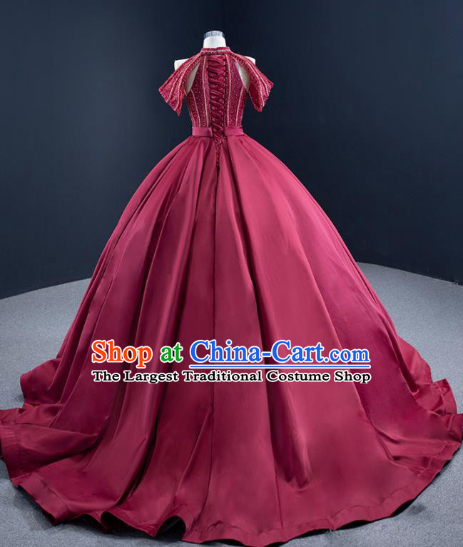 Custom Catwalks Formal Costume Compere Vintage Clothing Luxury Wedding Dress Ceremony Garment Marriage Bride Wine Red Trailing Full Dress