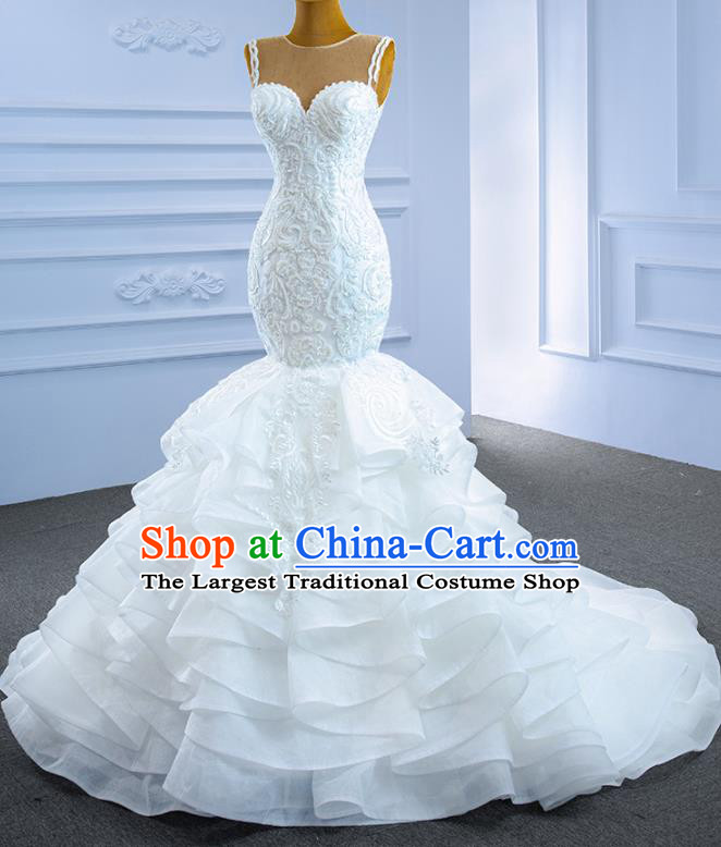 Custom Stage Show Costume Compere Clothing Vintage Luxury Fishtail Wedding Dress Ceremony Formal Garment Bride Embroidery Lace Full Dress