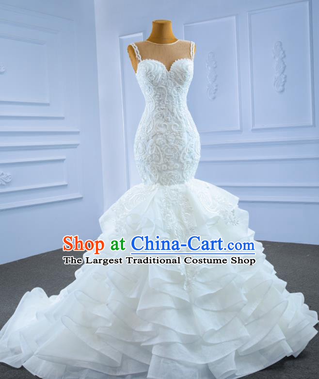 Custom Stage Show Costume Compere Clothing Vintage Luxury Fishtail Wedding Dress Ceremony Formal Garment Bride Embroidery Lace Full Dress