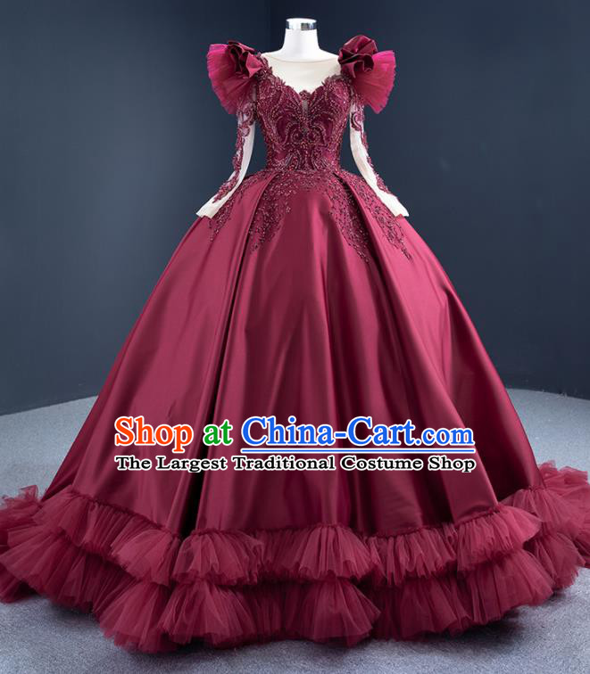 Custom Luxury Wedding Dress Ceremony Embroidery Sequins Garment Marriage Bride Wine Red Trailing Full Dress Catwalks Formal Costume Compere Vintage Clothing