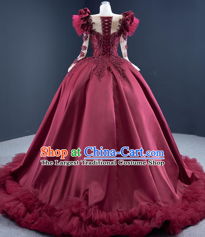 Custom Luxury Wedding Dress Ceremony Embroidery Sequins Garment Marriage Bride Wine Red Trailing Full Dress Catwalks Formal Costume Compere Vintage Clothing