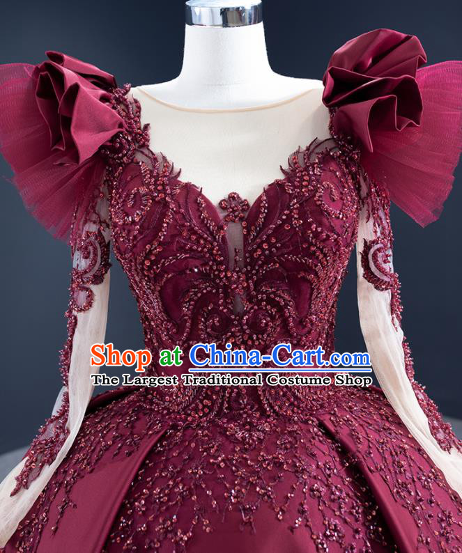 Custom Luxury Wedding Dress Ceremony Embroidery Sequins Garment Marriage Bride Wine Red Trailing Full Dress Catwalks Formal Costume Compere Vintage Clothing