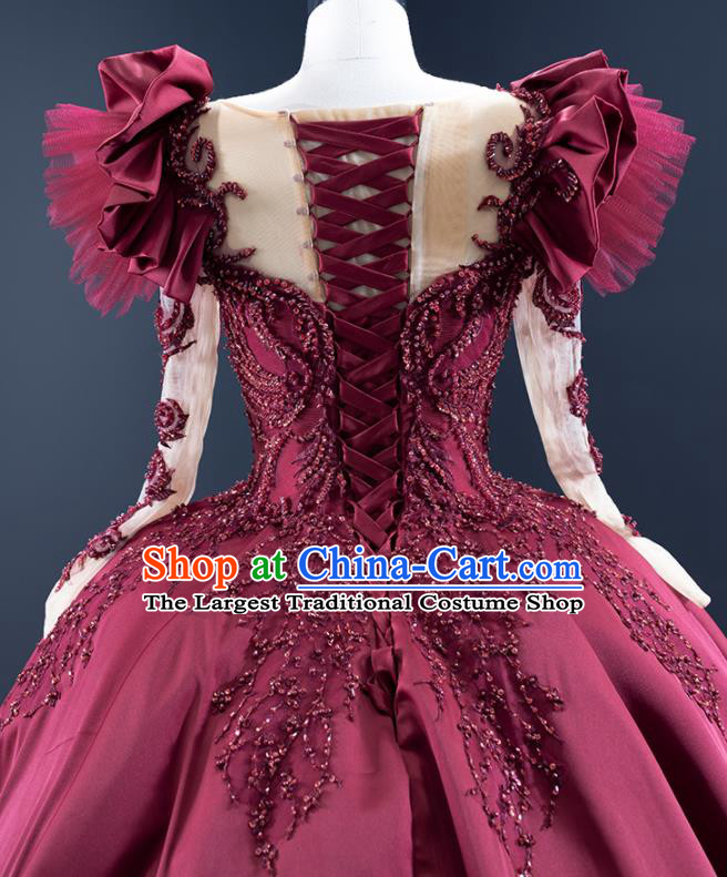 Custom Luxury Wedding Dress Ceremony Embroidery Sequins Garment Marriage Bride Wine Red Trailing Full Dress Catwalks Formal Costume Compere Vintage Clothing