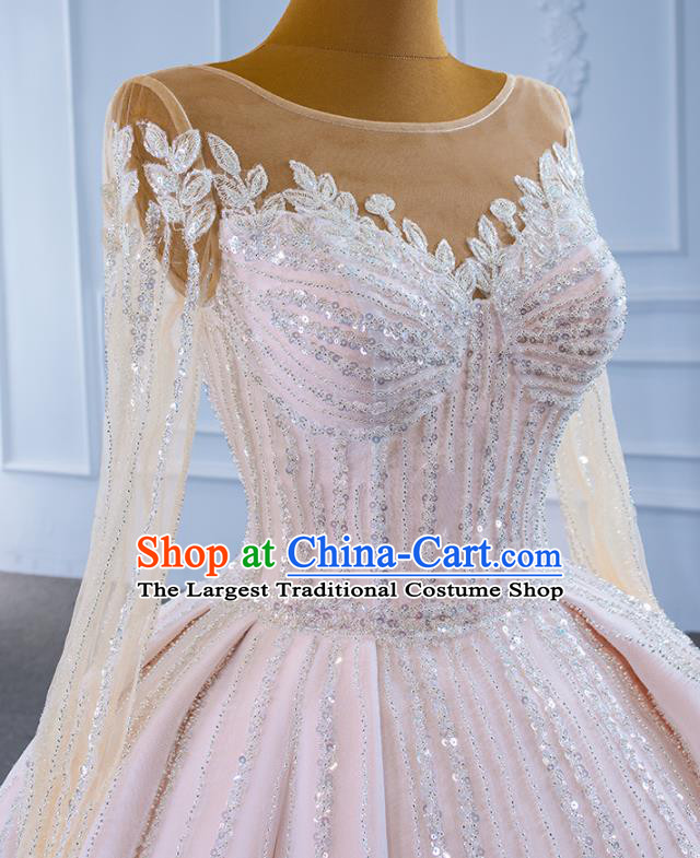 Custom Compere Vintage Clothing Luxury Wedding Dress Ceremony Embroidery Sequins Garment Marriage Bride Light Pink Trailing Full Dress Catwalks Formal Costume