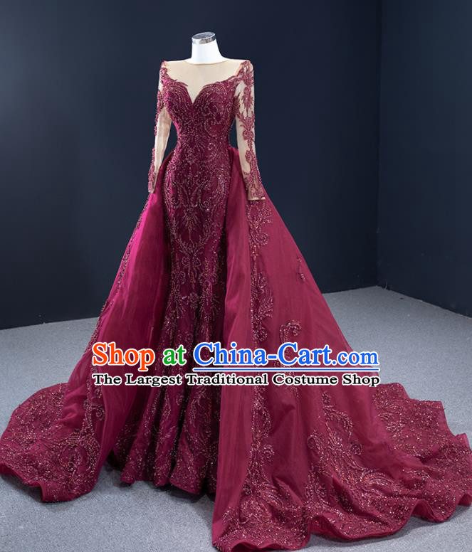 Custom Catwalks Formal Costume Compere Vintage Clothing Luxury Wedding Dress Ceremony Embroidery Sequins Garment Marriage Bride Wine Red Full Dress