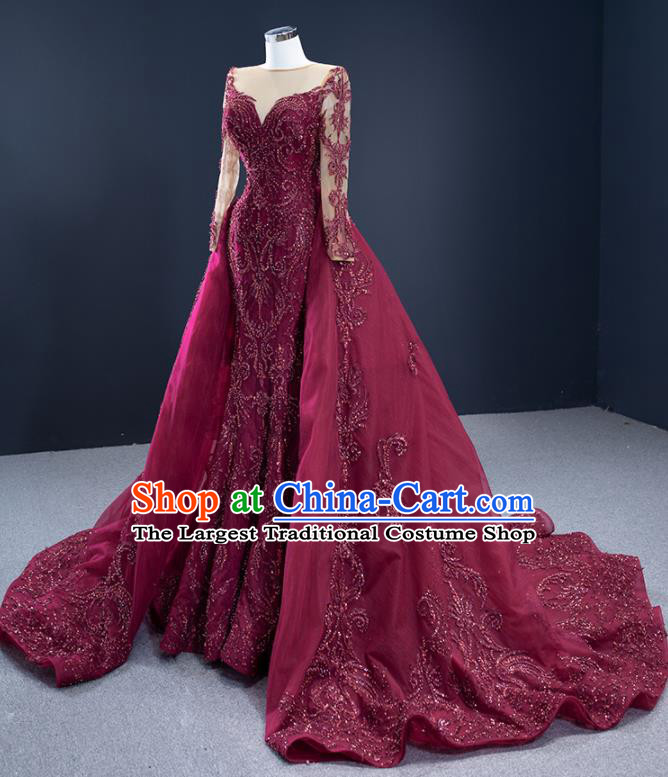 Custom Catwalks Formal Costume Compere Vintage Clothing Luxury Wedding Dress Ceremony Embroidery Sequins Garment Marriage Bride Wine Red Full Dress