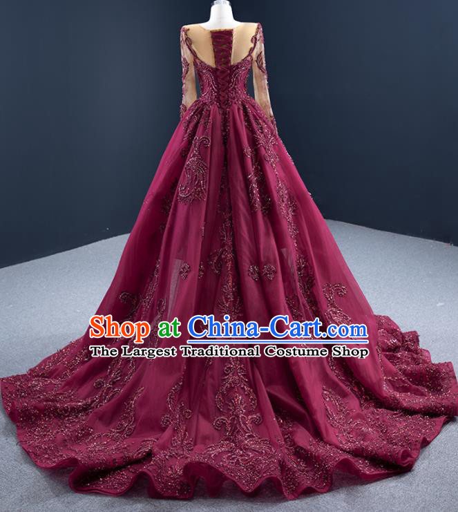 Custom Catwalks Formal Costume Compere Vintage Clothing Luxury Wedding Dress Ceremony Embroidery Sequins Garment Marriage Bride Wine Red Full Dress