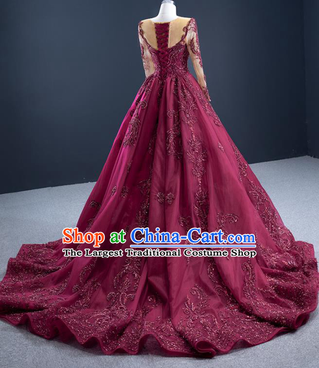 Custom Catwalks Formal Costume Compere Vintage Clothing Luxury Wedding Dress Ceremony Embroidery Sequins Garment Marriage Bride Wine Red Full Dress