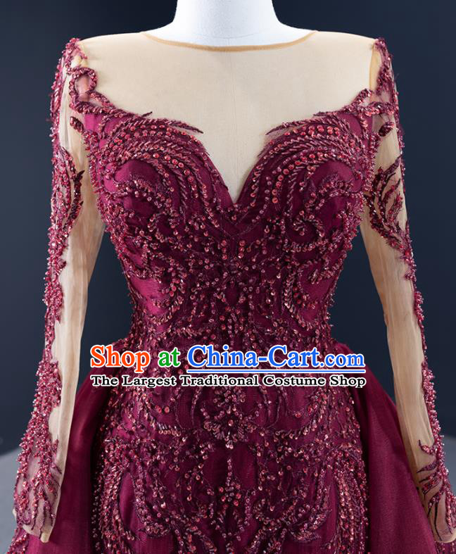 Custom Catwalks Formal Costume Compere Vintage Clothing Luxury Wedding Dress Ceremony Embroidery Sequins Garment Marriage Bride Wine Red Full Dress