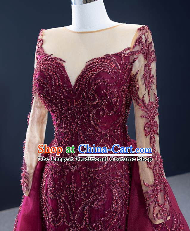 Custom Catwalks Formal Costume Compere Vintage Clothing Luxury Wedding Dress Ceremony Embroidery Sequins Garment Marriage Bride Wine Red Full Dress