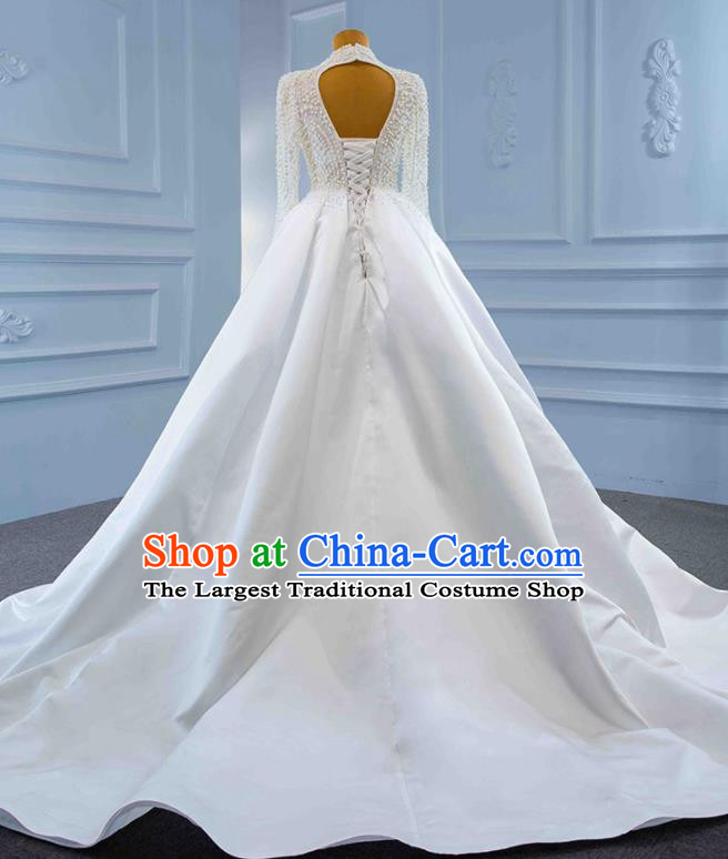 Custom Compere Embroidery Pearls Garment Marriage Bride Full Dress Catwalks Formal Costume Ceremony Vintage Clothing Luxury White Satin Trailing Wedding Dress