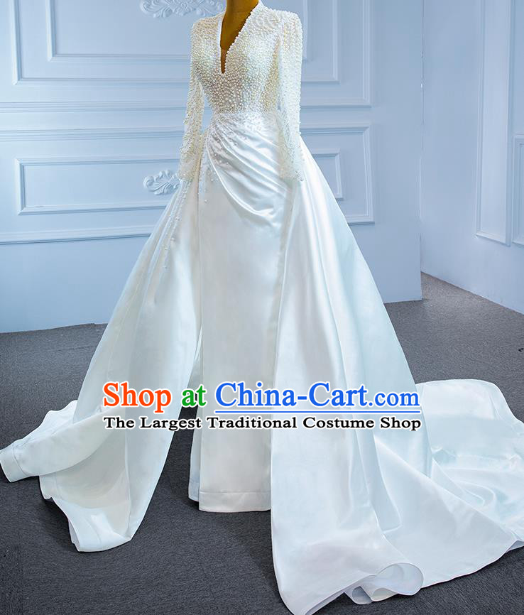 Custom Compere Embroidery Pearls Garment Marriage Bride Full Dress Catwalks Formal Costume Ceremony Vintage Clothing Luxury White Satin Trailing Wedding Dress