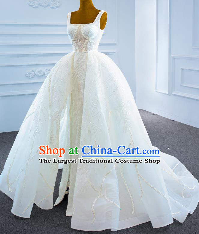 Custom Marriage Bride White Trailing Full Dress Catwalks Formal Costume Ceremony Vintage Clothing Luxury Wedding Dress Compere Garment