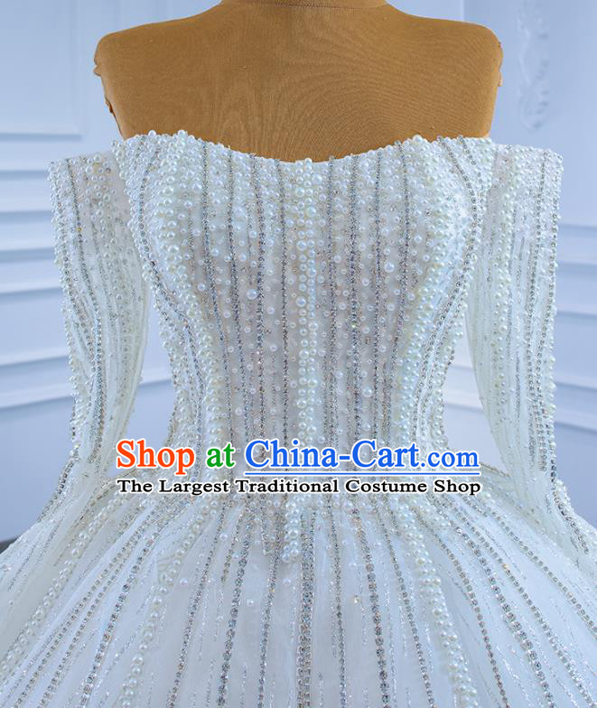 Custom Bride Embroidery Pearls Full Dress Catwalks Costume Compere Stage Clothing Vintage Luxury Trailing Wedding Dress Marriage Ceremony Formal Garment