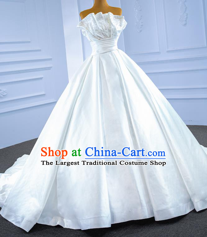 Custom Marriage Ceremony Formal Garment Bride Embroidery Pearls Full Dress Catwalks Costume Compere Stage Clothing Vintage Luxury White Satin Trailing Wedding Dress