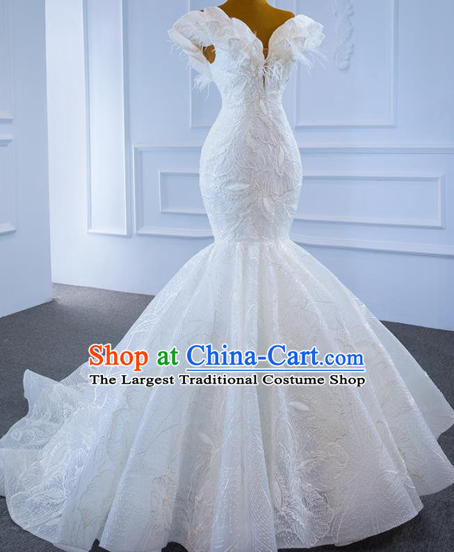 Custom Ceremony Vintage Clothing Luxury White Lace Wedding Dress Compere Formal Garment Marriage Bride Fishtail Full Dress Catwalks Princess Costume