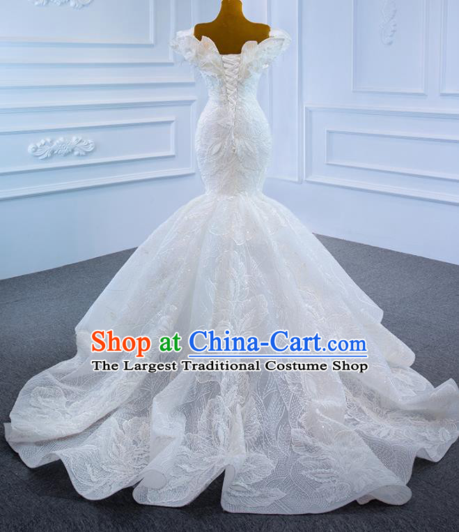 Custom Ceremony Vintage Clothing Luxury White Lace Wedding Dress Compere Formal Garment Marriage Bride Fishtail Full Dress Catwalks Princess Costume