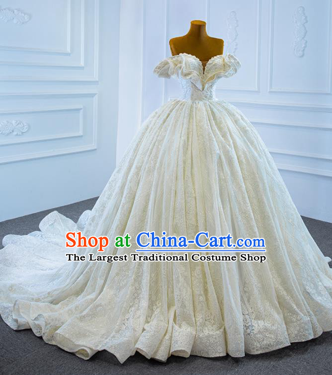 Custom Luxury Embroidery Pearls Wedding Dress Compere Formal Garment Marriage Bride Beige Trailing Full Dress Catwalks Princess Costume Ceremony Vintage Clothing