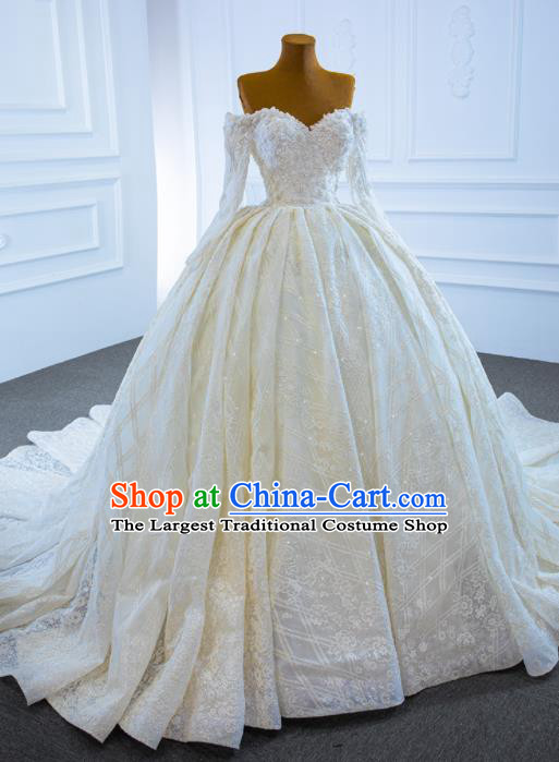 Custom Bride Beige Trailing Full Dress Catwalks Princess Costume Ceremony Compere Clothing Luxury Embroidery Pearls Wedding Dress Vintage Formal Garment