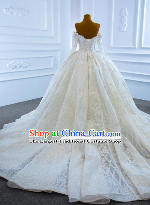 Custom Bride Beige Trailing Full Dress Catwalks Princess Costume Ceremony Compere Clothing Luxury Embroidery Pearls Wedding Dress Vintage Formal Garment