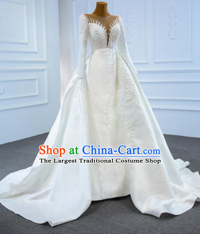 Custom Luxury Embroidery Pearls Wedding Dress Vintage Formal Garment Bride White Satin Full Dress Catwalks Princess Costume Ceremony Compere Clothing
