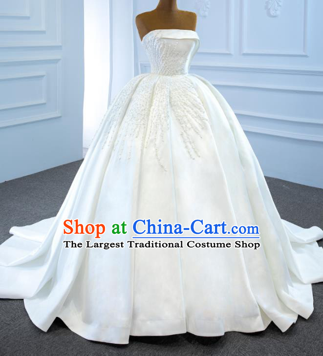 Custom Bride Embroidery Pearls Full Dress Catwalks Princess Costume Ceremony Compere Clothing Luxury White Satin Wedding Dress Vintage Formal Garment