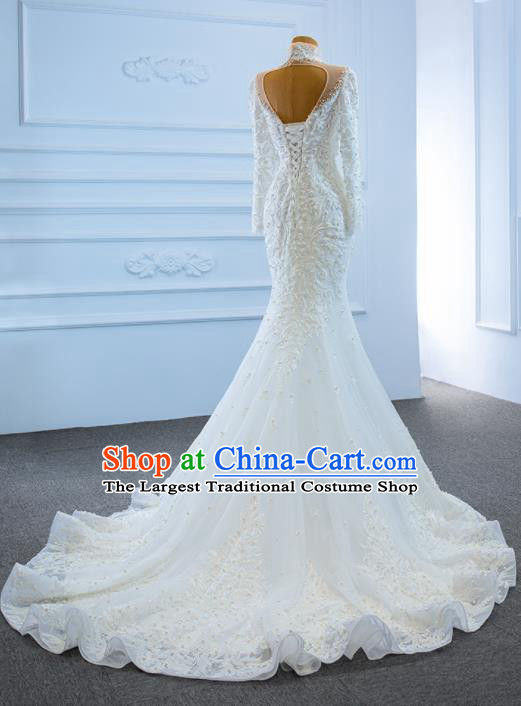 Custom Vintage Formal Garment Bride Embroidery Pearls Full Dress Catwalks Princess Costume Ceremony Compere Clothing Luxury Backless Wedding Dress