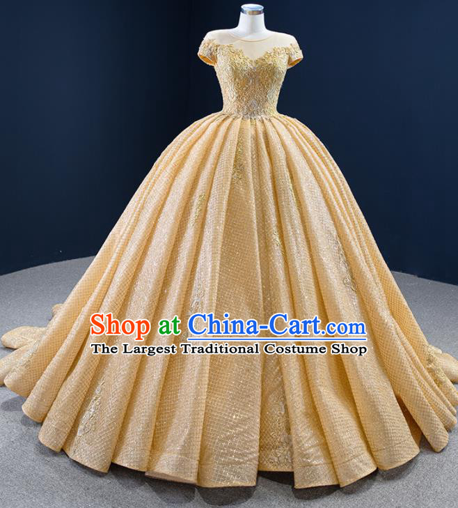 Custom Catwalks Princess Costume Ceremony Compere Clothing Luxury Trailing Wedding Dress Vintage Formal Garment Bride Embroidery Yellow Full Dress