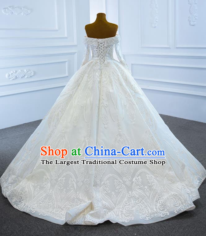 Custom Bride Embroidery Pearls Full Dress Catwalks Princess Costume Ceremony Compere Clothing Luxury Off Shoulder Wedding Dress Vintage Formal Garment