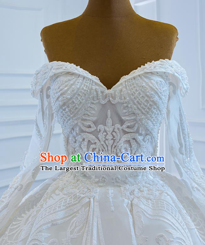 Custom Bride Embroidery Pearls Full Dress Catwalks Princess Costume Ceremony Compere Clothing Luxury Off Shoulder Wedding Dress Vintage Formal Garment