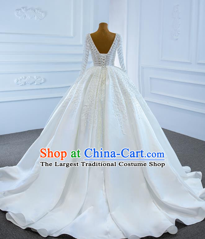 Custom Embroidery Pearls Full Dress Catwalks Princess Costume Ceremony Bride Clothing Vintage Wedding Dress Luxury Trailing Formal Garment