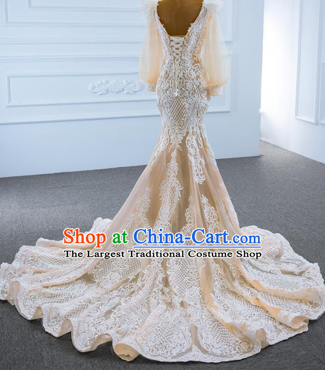 Custom Luxury Trailing Formal Garment Embroidery Lace Full Dress Catwalks Princess Costume Ceremony Bride Clothing Vintage Champagne Wedding Dress