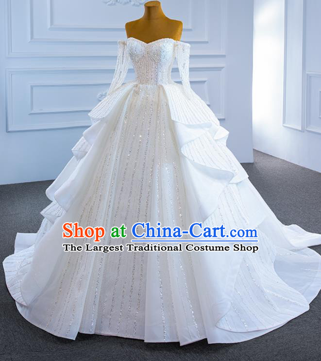 Custom Compere Embroidery Sequins Garment Marriage Bride White Trailing Full Dress Catwalks Formal Costume Ceremony Vintage Clothing Luxury Wedding Dress