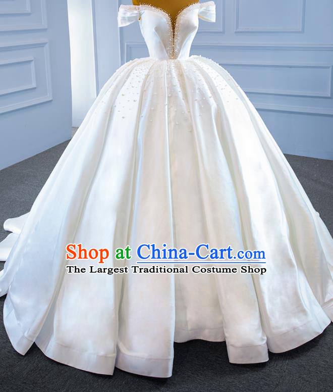 Custom Luxury Trailing Wedding Dress Compere Embroidery Pearls Garment Marriage Bride White Satin Full Dress Catwalks Formal Costume Ceremony Vintage Clothing