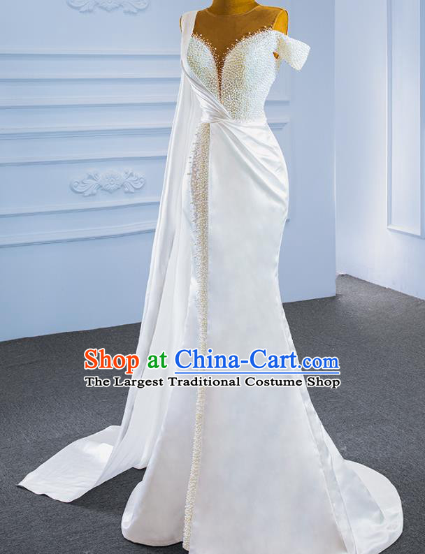 Custom Ceremony Vintage Clothing Luxury Fishtail Wedding Dress Compere Embroidery Pearls Garment Marriage Bride White Satin Full Dress Catwalks Formal Costume
