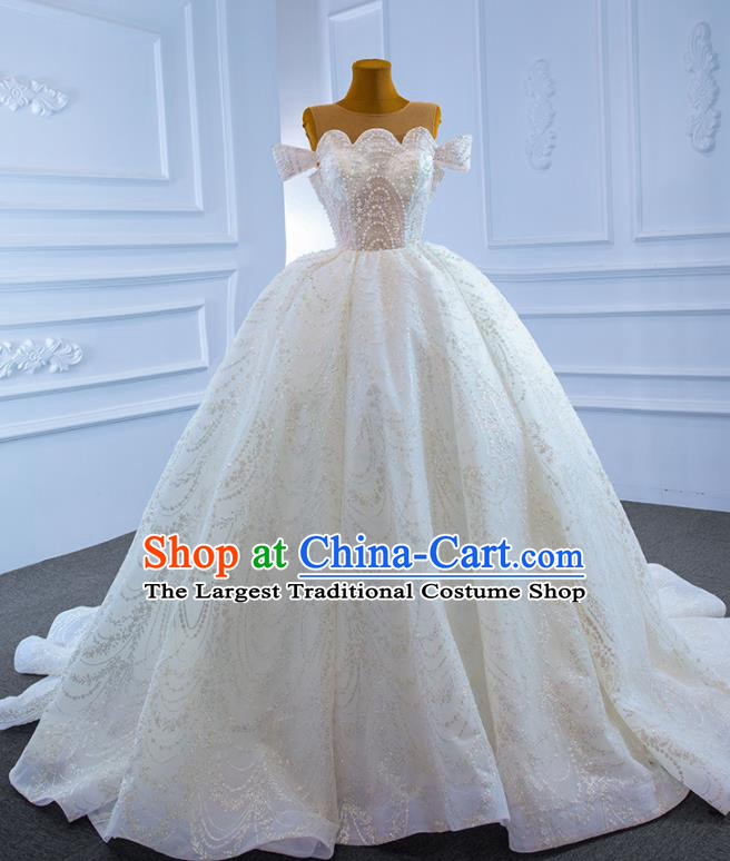 Custom Catwalks Formal Costume Ceremony Vintage Clothing Luxury Trailing Wedding Dress Compere Embroidery Pearls Garment Marriage Bride Full Dress